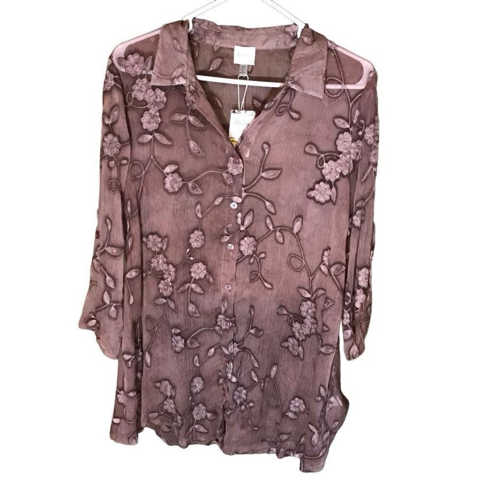 Cupio blush plum semi sheer long sleeve blouse Size Medium appliqué 3D NWT